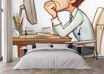 Office worker clipart with a computer and desk Wall mural