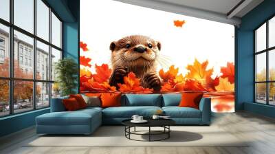 Otter clipart, autumn animal, watercolor illustration, sharp details, swimming in autumn river, isolated on white background Wall mural