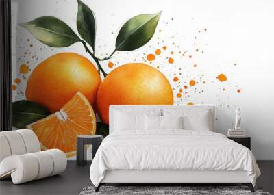 Tangerine clipart, fruit element, watercolor illustration, crisp lines, bright orange, isolated on white background Wall mural