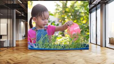 Adorable 3 years old asian little girl is watering the organic vegetables outside the house, concept of plant growing learning activity for preschool kid. Wall mural