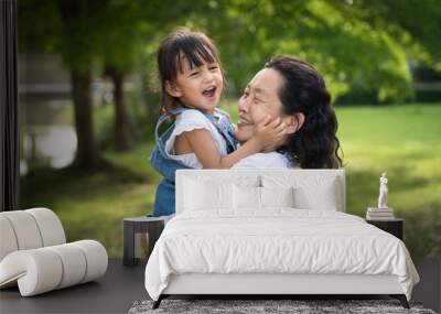 Adorable asian granddaughter is playing and laughing together with grandmother with fully happiness moment in the green park, concept of love and relation of difference generation in family lifestyle Wall mural