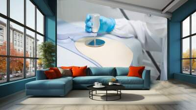 Chemist is Identify white powder raw material by FTIR method, advance technology without sample preparation high sensitivity and accuracy method, concept of pharmaceutical industrial laboratory. Wall mural