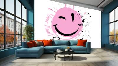 smile more slogan vector smiley emoji face, Vintage hand drawn crayon smiley face illustration print with slogan for graphic tee t shirt or sticker - Vector  Wall mural