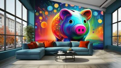 Colorful digital piggy bank surrounded by vibrant cryptocurrency symbols, representing modern saving and investment concepts. Wall mural