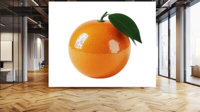 3D rendering of a juicy orange. The orange has a smooth, shiny surface and a bright green stem. The orange is isolated on a transparent background. Wall mural