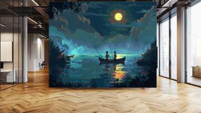 A boat on a lake at night Wall mural