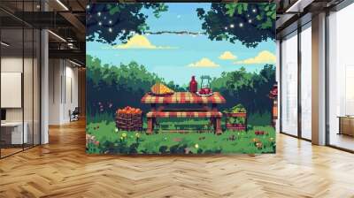 A pixel art image of a picnic in a forest Wall mural