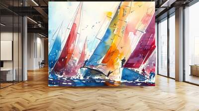 A watercolor painting of sailboats racing in a rough sea. The sails are brightly colored and the water is a deep blue. The boats are all in a hurry to reach their destination. Wall mural