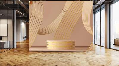 Beige podium on abstract soft background, beige ribbon and gold line texture bending around podium. minimal background for product presentation. 3d rendering Wall mural