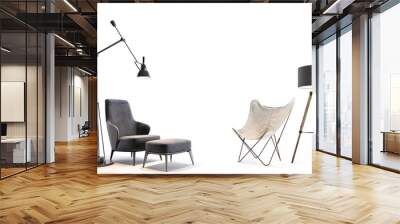 the modern furniture in front of the white brick wall. design concept. Wall mural