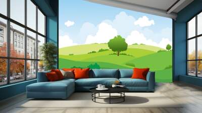 landscape summer green fields with hill,grass,trees,white cloud and blue sky background .vector illustration. Wall mural