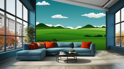 Vector illustration of summer fields landscape with a dawn, green hills, bright color blue sky and cloud, country background in vector  Wall mural