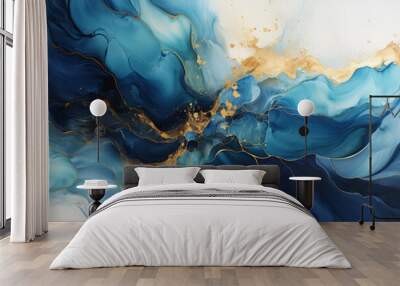 Abstract blue wave with gold lines watercolor texture painting, Generative Ai Wall mural