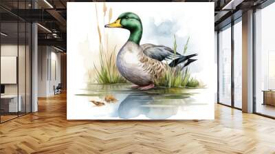 Watercolor Mallard Duck Illustration, Generative Ai Wall mural