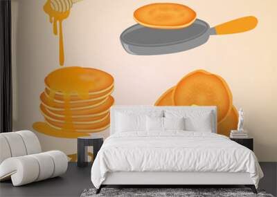 pancake on pan and with honey. top view butter. sweet classic breakfast.vector illustration. Wall mural