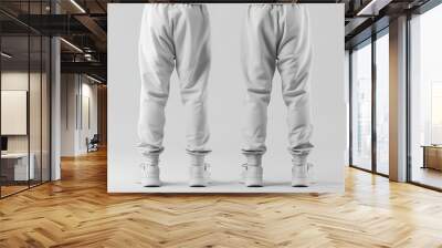 2 Set of white and light grey gray, front back view sweatpants jogger sports trousers bottom pants on white background. Mockup template for artwork design Wall mural