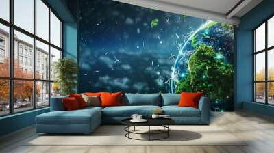 A digital rendering of Earth with green energy symbols like wind turbines and solar panels, green Planet, dynamic and dramatic compositions, with copy space Wall mural