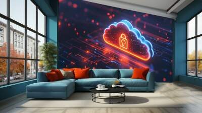 Abstract illustration of cloud security services, stylized cloud icon integrated with a secure padlock symbol, representing data protection and cybersecurity in cloud computing environments Wall mural