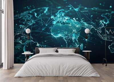 Abstract world map  concept of global network and connectivity  international data transfer and cyber technology  worldwide business  information exchange and telecommunication  Wall mural