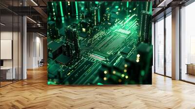 An abstract, wallpaper-esque image featuring a green circuit board cityscape, ideal for a technology background Wall mural