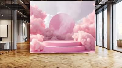 Background podium pink 3d product sky platform display cloud pastel scene render stand. Pink podium stage minimal abstract background beauty dreamy space studio pedestal smoke showcase geometric white Wall mural