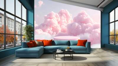 Background podium pink 3d product sky platform display cloud pastel scene render stand. Pink podium stage minimal abstract background beauty dreamy space studio pedestal smoke showcase geometric white Wall mural