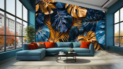 Blue and gold tropical leaves Monstera, palm, fern and ornamental plants backdrop. Exotic jungle rainforest background, luxury beach vacation travel web banner Wall mural