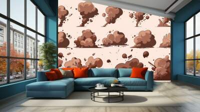 Cartoon brown smoke clouds of different shapes. Vector illustration set of comic style fog or gas in air. Explosion or cigarette sand or dirt steam effect for explode boom animation or game ui design Wall mural