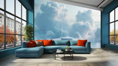 Cloud background podium blue 3d product sky white display platform render abstract stage pastel scene. Podium stand light minimal cloud background studio dreamy pedestal backdrop smoke geometric Wall mural