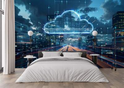 cloud computing with a speeding train on a city background  Wall mural