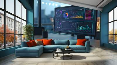 Computer monitor displaying an abstract network monitoring dashboard with real-time data analytics, graphs, and system health indicators Wall mural