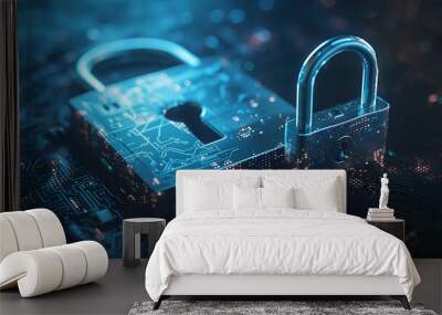 Digital padlock for computing system on dark blue background, cyber security technology for fraud prevention and privacy data network protection concept Wall mural