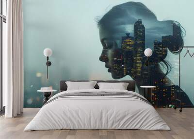 Double exposure of a woman'head with urban landscape in the background Wall mural