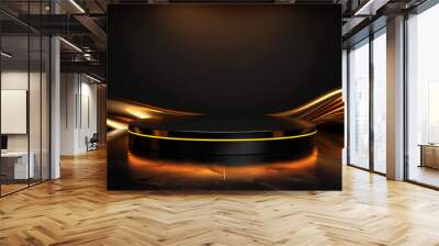 Gold black podium background 3D golden product line stage dark platform wave display. Design podium black luxury gold light scene pedestal presentation showcase event beauty shine object cosmetic sale Wall mural