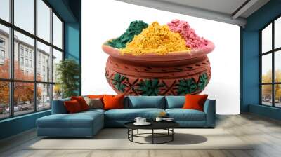 Holi colors or powder in traditional pot isolated on white background Wall mural