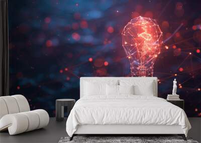 Innovation technology with holographic glowing low polygonal light bulb dark background Wall mural