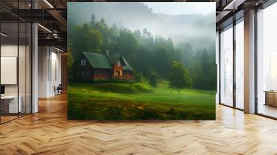 Isolated house in the mountains, beautiful typical northern European house in a lush, green landscape with fog Wall mural