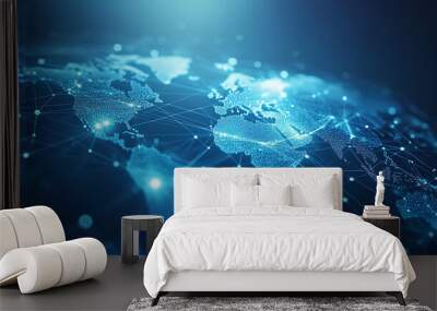 light blue background with a digital world map and global network connections, representing the concept of international business or connectivity  Wall mural