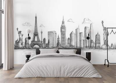 Line drawing of famous world landmarks on a white background, depicted in a hand-drawn sketch style, representing travel concepts  Wall mural