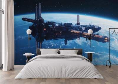 of space station at Earth planet orbit. High quality digital space art Wall mural