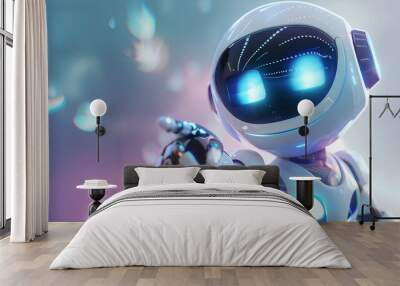 Positive cute robot pointing at a space. Copy space, ai generated Wall mural