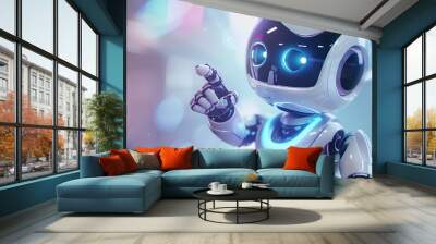 Positive cute robot pointing at a space. Copy space, ai generated Wall mural