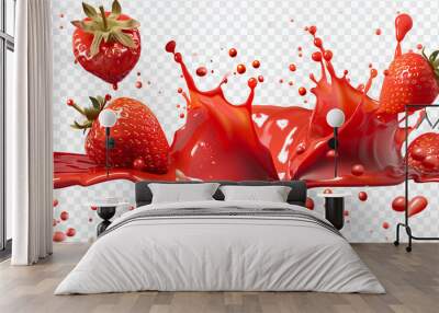 Red paint splash. Tomato, Strawberries. Tomato ketchup sauce splashes or red liquid tomato juice, , isolated on a transparent background. PNG cutout or clipping Wall mural