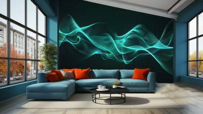 Vector abstract light lines wavy flowing dynamic in blue green colors isolated on black background for concept of AI technology, digital, communication, 5G, science, music Wall mural