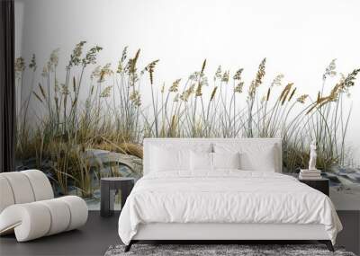 Wave-like design of sea oats and beach grass along a coastal restoration project, aiming to prevent erosion, isolated on white background Wall mural