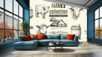 Rural meadow or countryside farm set. A village landscape with cows, goats and lamb, hills and a farm. Wall mural