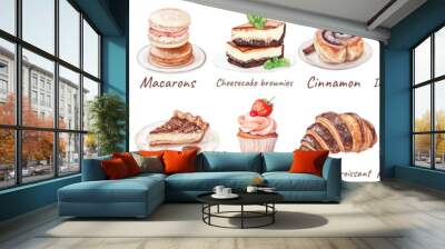 Set of vector watercolor pastry and dessert icons isolated on white background for game design. Tasty sweets for game collection: ice cream, macaroon, muffin, pudding, cake.  Wall mural