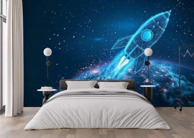 A digital rocket orbits Earth in space. Abstract blue background and 3D-effect wireframe illustration. Wall mural