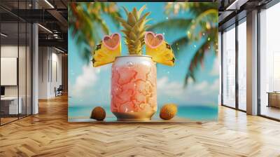 A fizzy drink in a can is placed in a half-cut pineapple. The drink has a pineapple flavor and is topped with heart-shaped sunglasses. Two small coconut trees are on either side of the pineapple. Wall mural