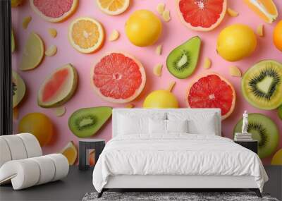 A pastel background with a pattern of vibrant fruits. Combination of raw, fresh tropical fruit Wall mural